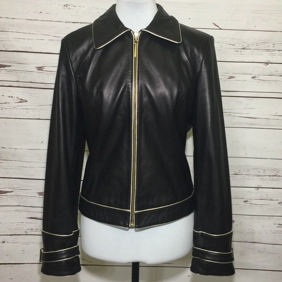 St. John Jackets & Blazers - ST. JOHN Soft Black Leather Jacket Gold Accented